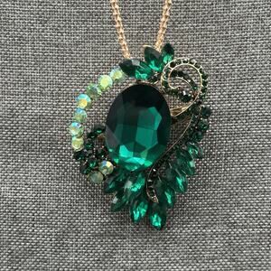 Betsey Johnson Brooch Pendent Signed Necklace GoldTone Green Shimmer Rhinestone